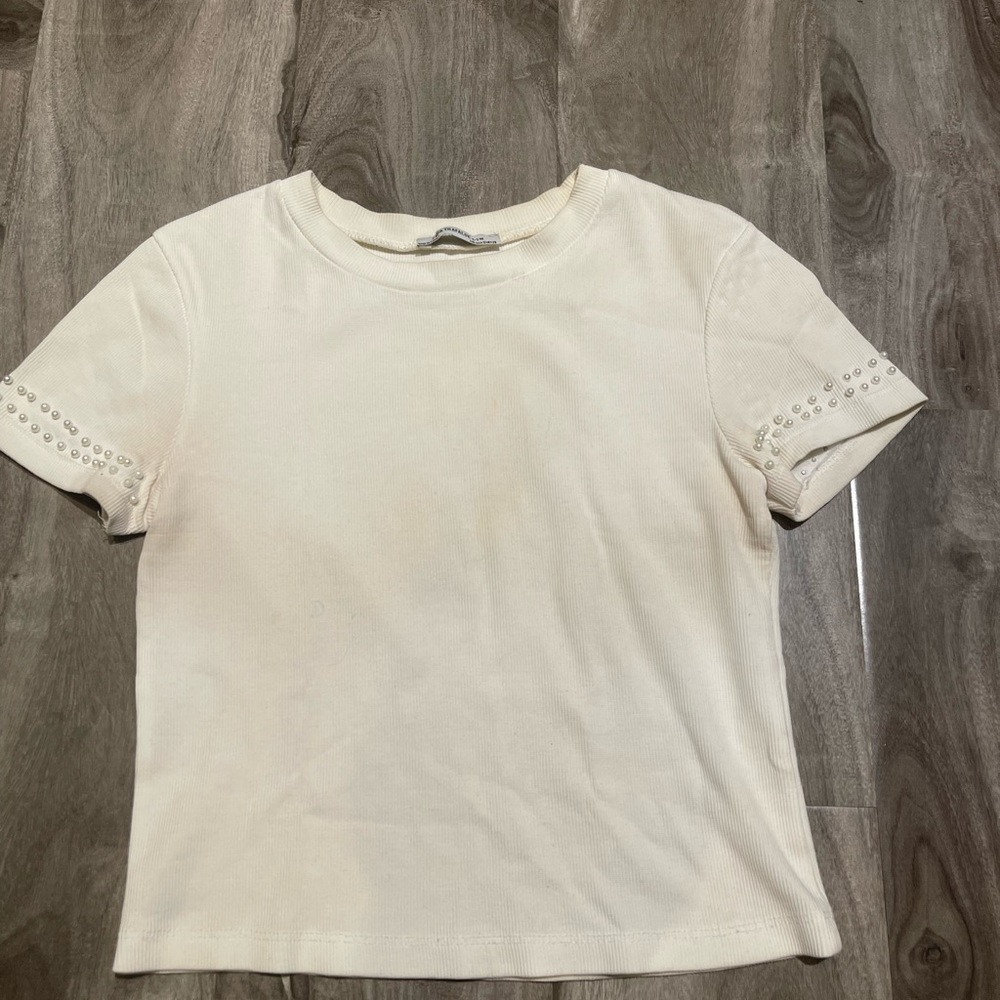 Zara white ribbed top with pearls